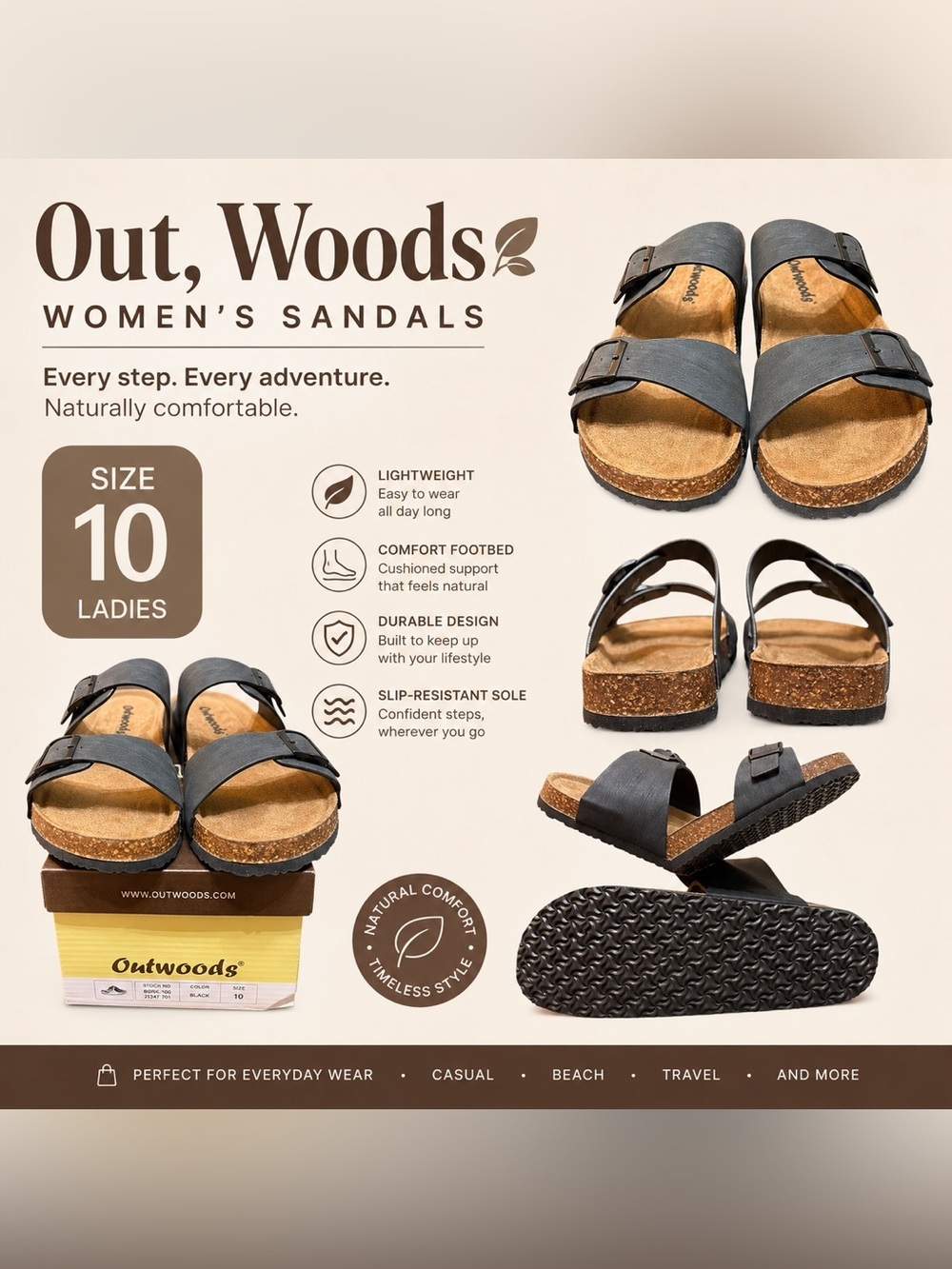 Outwoods Black Double Buckle Comfort Sandals Women’s Size 10 NIB - Picture 7 of 7
